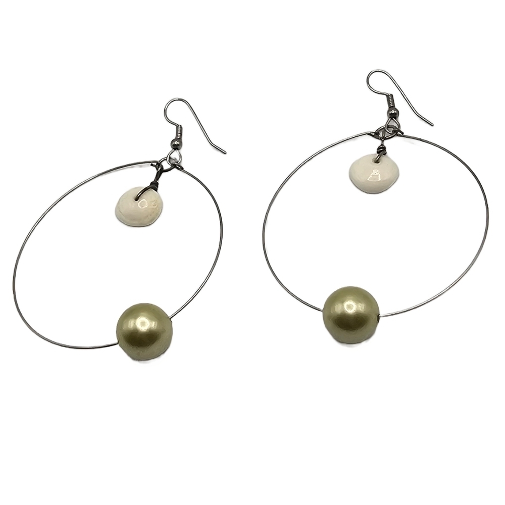 Faux Pearl and Shell Hoop Earrings